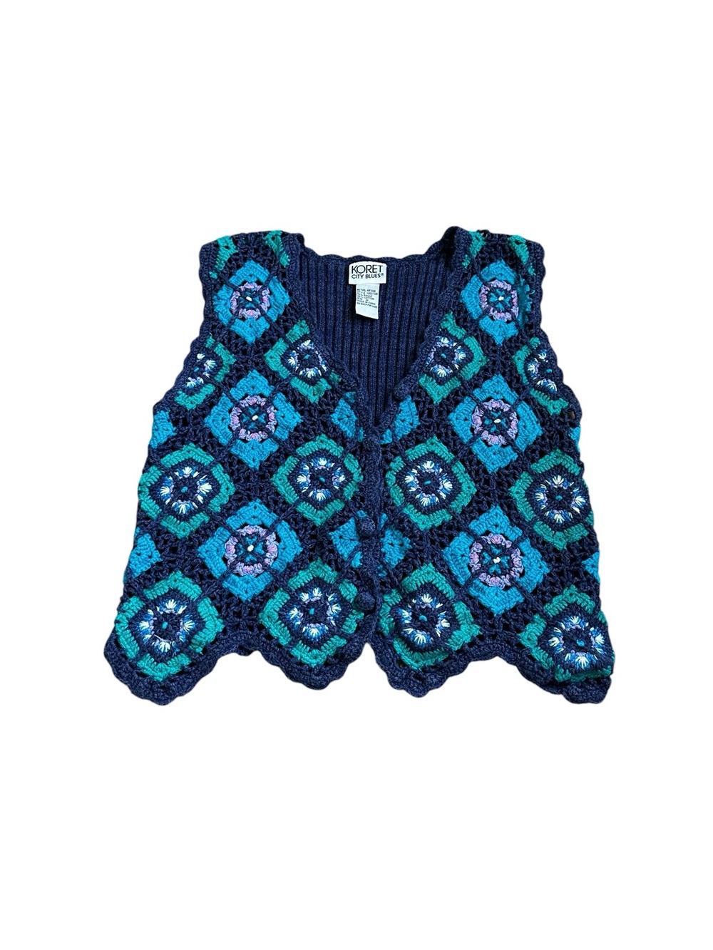 Vintage Koret Crochet Granny Square Cardigan Sweater Vest 70s Retro Cottagecore